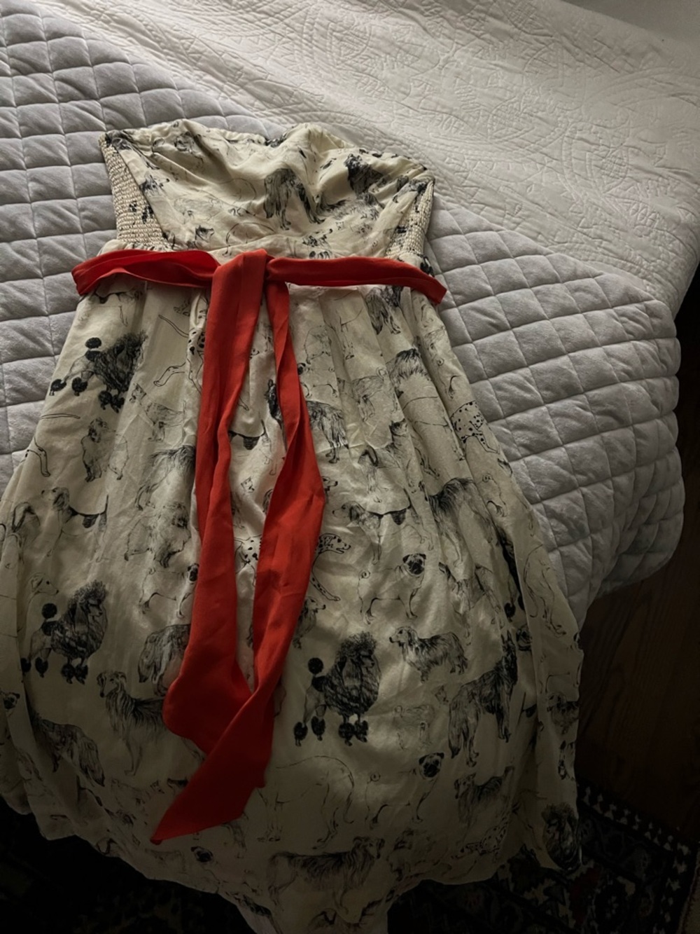 Maeve Cream Dress with Black Dog Print and Red Sash